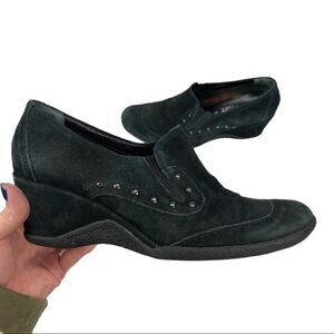 Aquatalia Greenish black Suede Leather Studded Wedge Loafers 8.5 Western